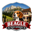 Beagle Zucht Appenzell logo with a beagle in front of alpine mountains and a farmhouse, red ribbon reading BEAGLE ZUCHT APPENZELL.
