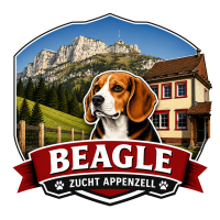 Beagle Zucht Appenzell logo with a beagle in front of alpine mountains and a farmhouse, red ribbon reading BEAGLE ZUCHT APPENZELL.